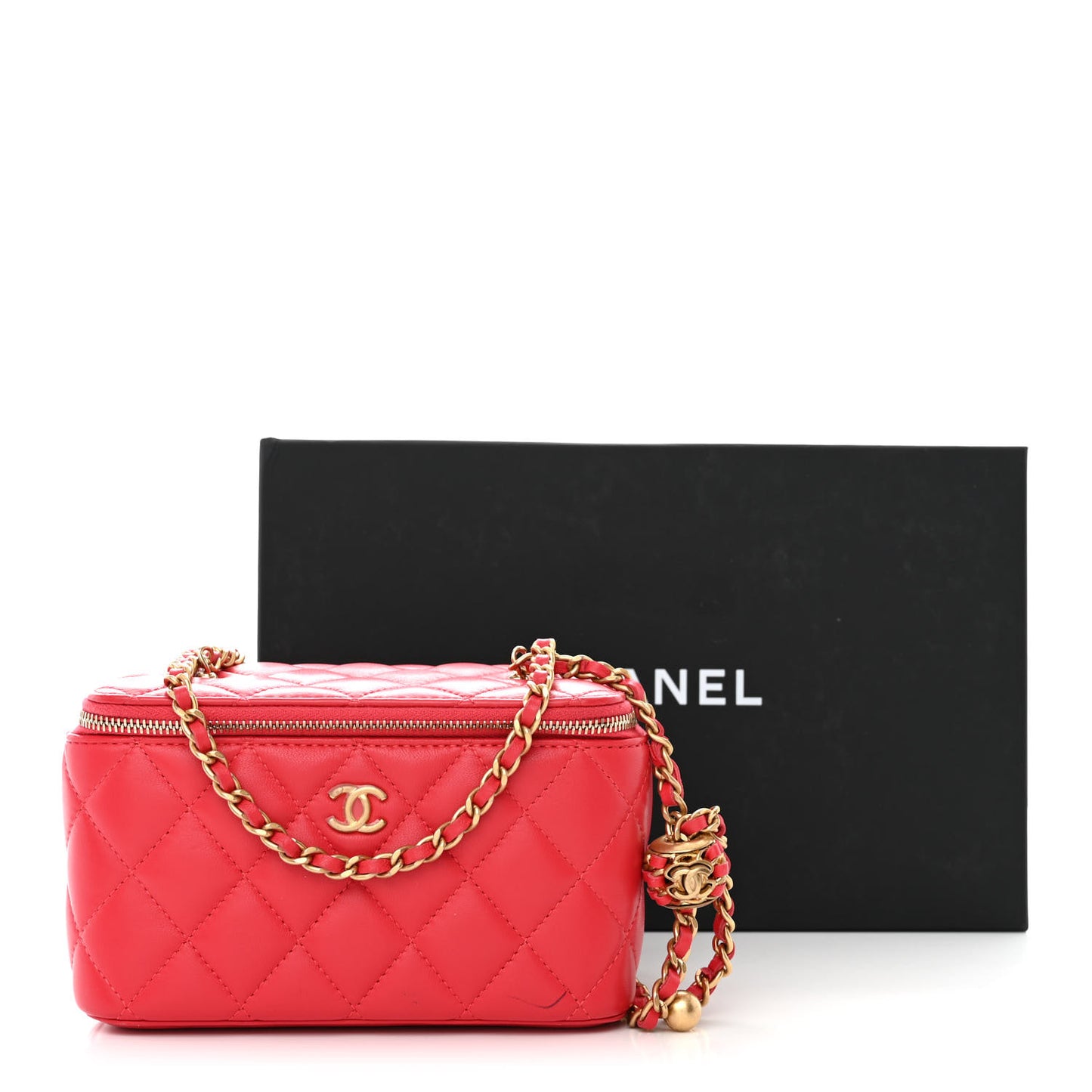 Lambskin Quilted Small Pearl Crush Vanity Case With Chain Red