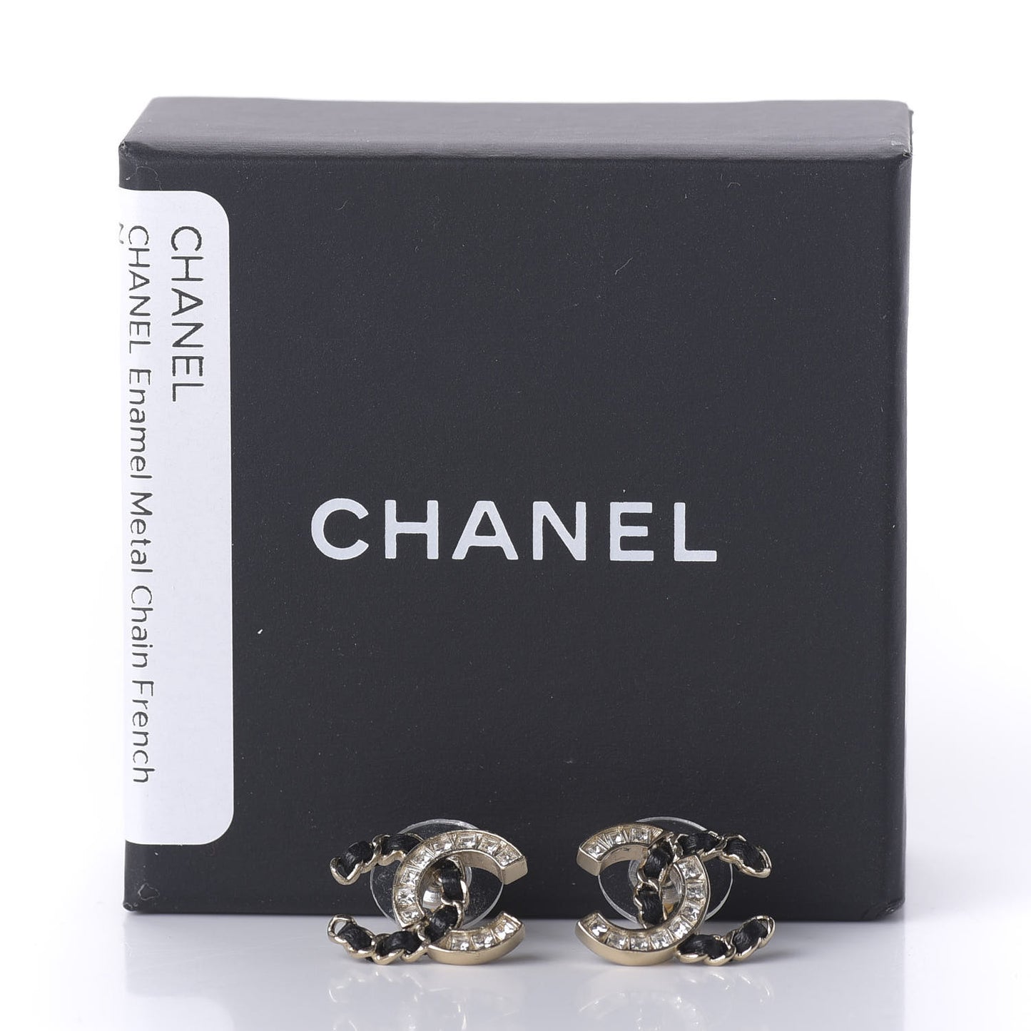 Crystal Baguette Lambskin Chain CC Vintage Allure Stud Earrings Black Gold