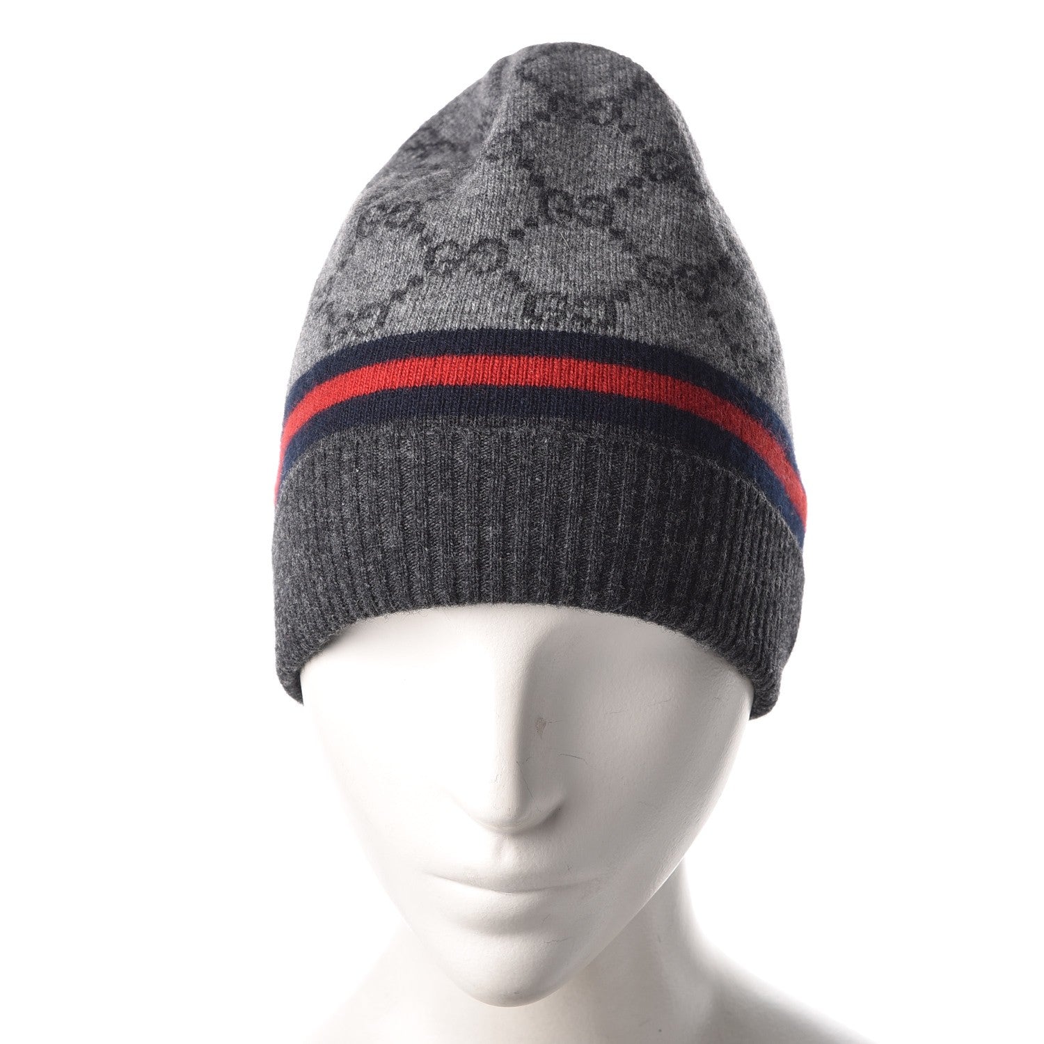 Gucci Wool Cashmere GG Monogram Web Arwin Beanie Hat Grey 2 of 5