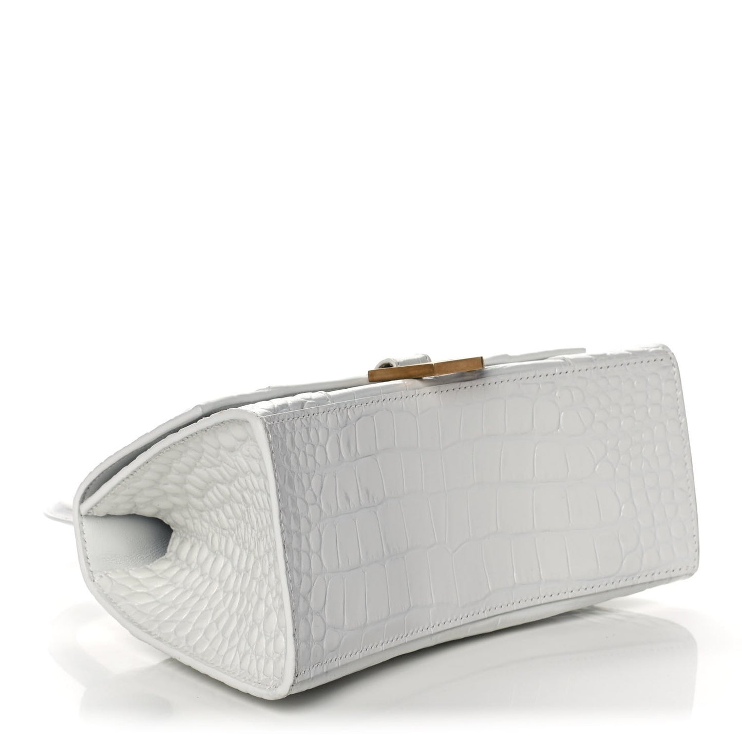 Shiny Calfskin Crocodile Embossed Small Hourglass Top Handle Bag White