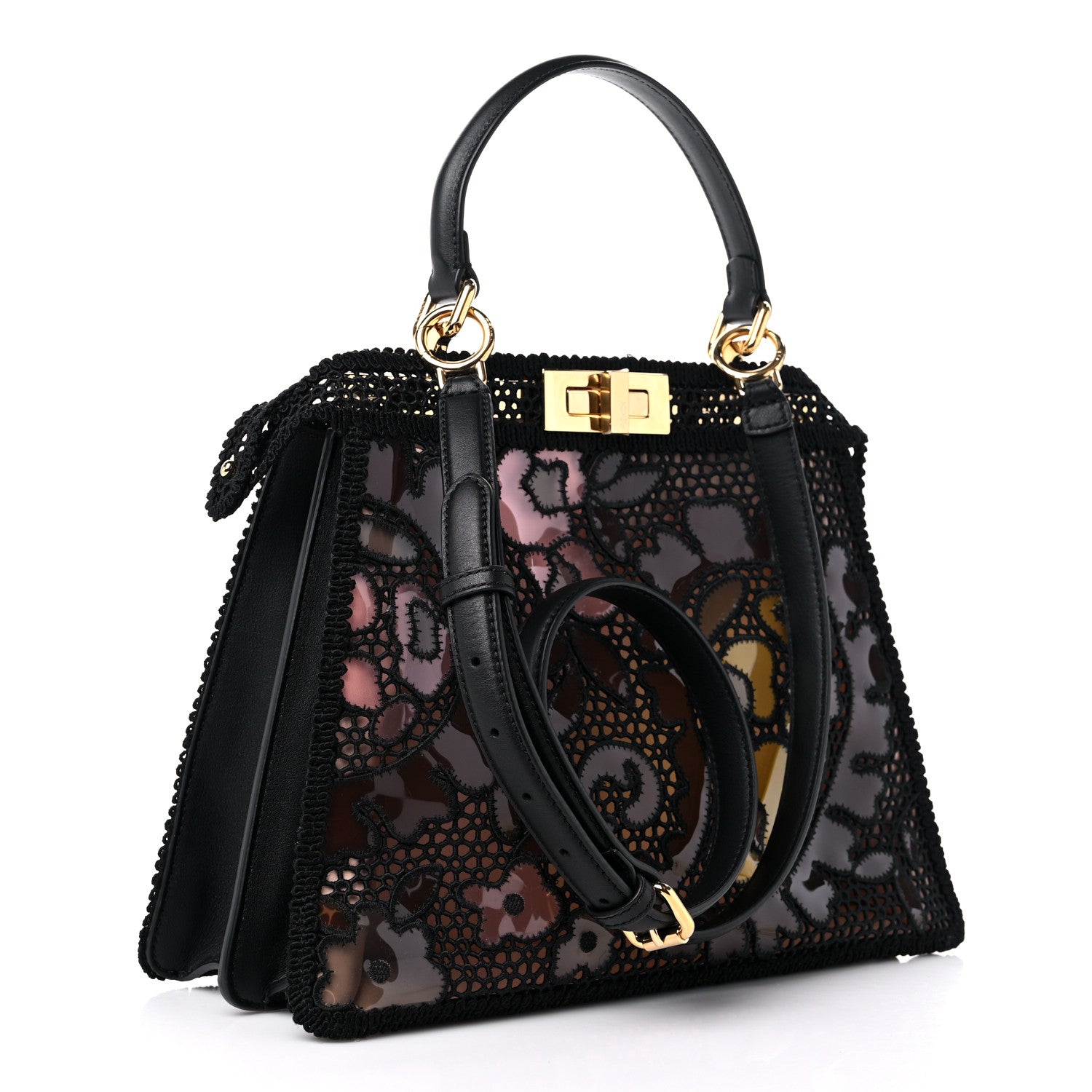 Fendi Calfskin Lace Medium Peekaboo I SEE U Satchel Black Multicolor Light Rose 3 of 10