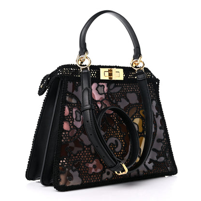 Fendi Calfskin Lace Medium Peekaboo I SEE U Satchel Black Multicolor Light Rose 3 of 10