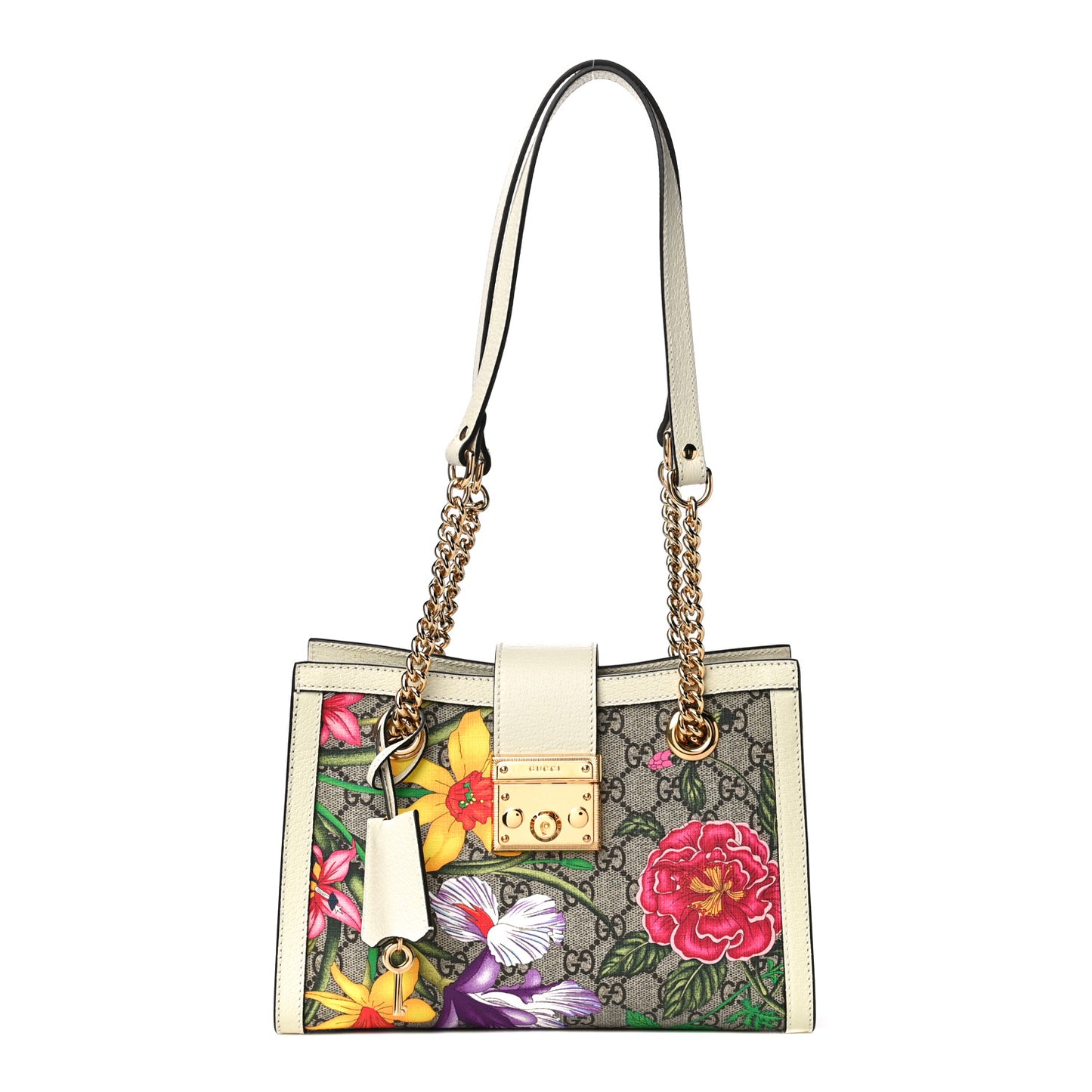 GG Supreme Monogram Flora Textured Calfskin Small Padlock Tote Beige Ebony Multicolor Mystic White