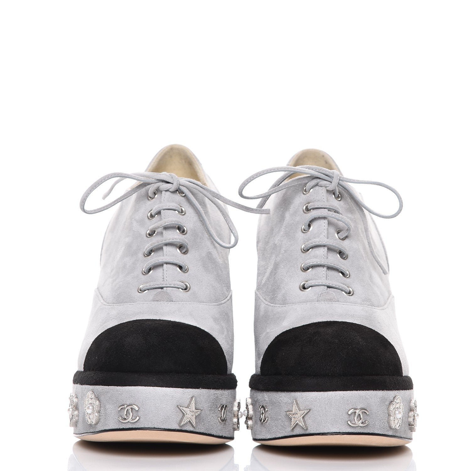 Chanel Kid Suede Lace Up Platform Oxford 40 Grey Black 2 of 12