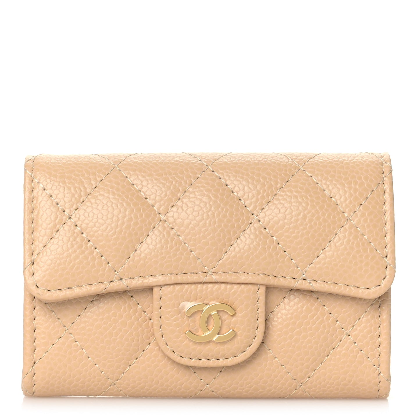 Caviar Quilted Flap Card Holder Wallet Beige