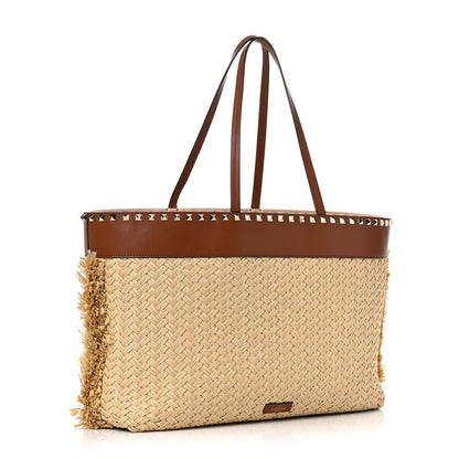 Valentino Garavani Raffia Calfskin Rockstud Shoulder Tote Naturale Saddle Brown 20 of 31