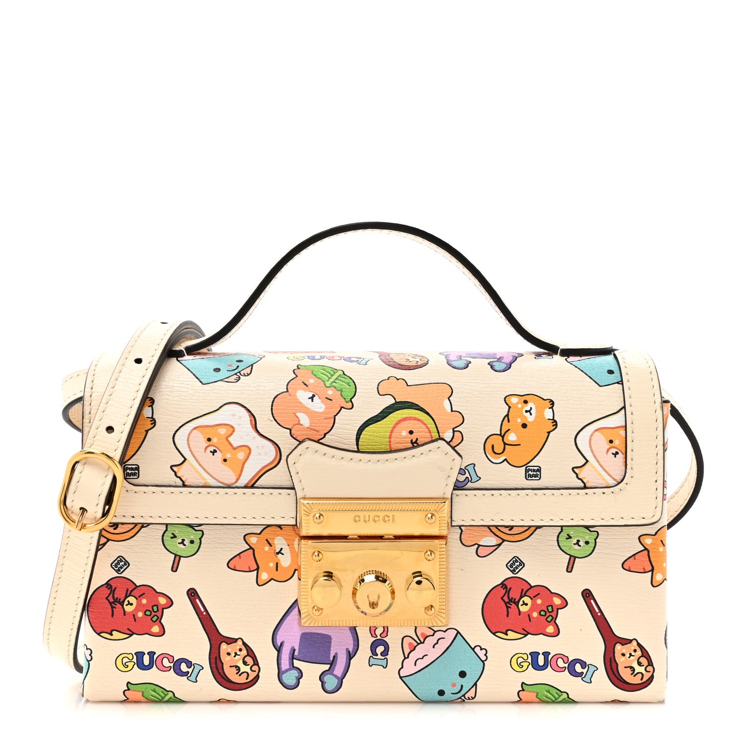 Gucci X PIKARAR Textured Dollar Calfskin Animal Print Mini Padlock Top Handle Shoulder Bag Beige Mystic White Multicolor 1 of 16
