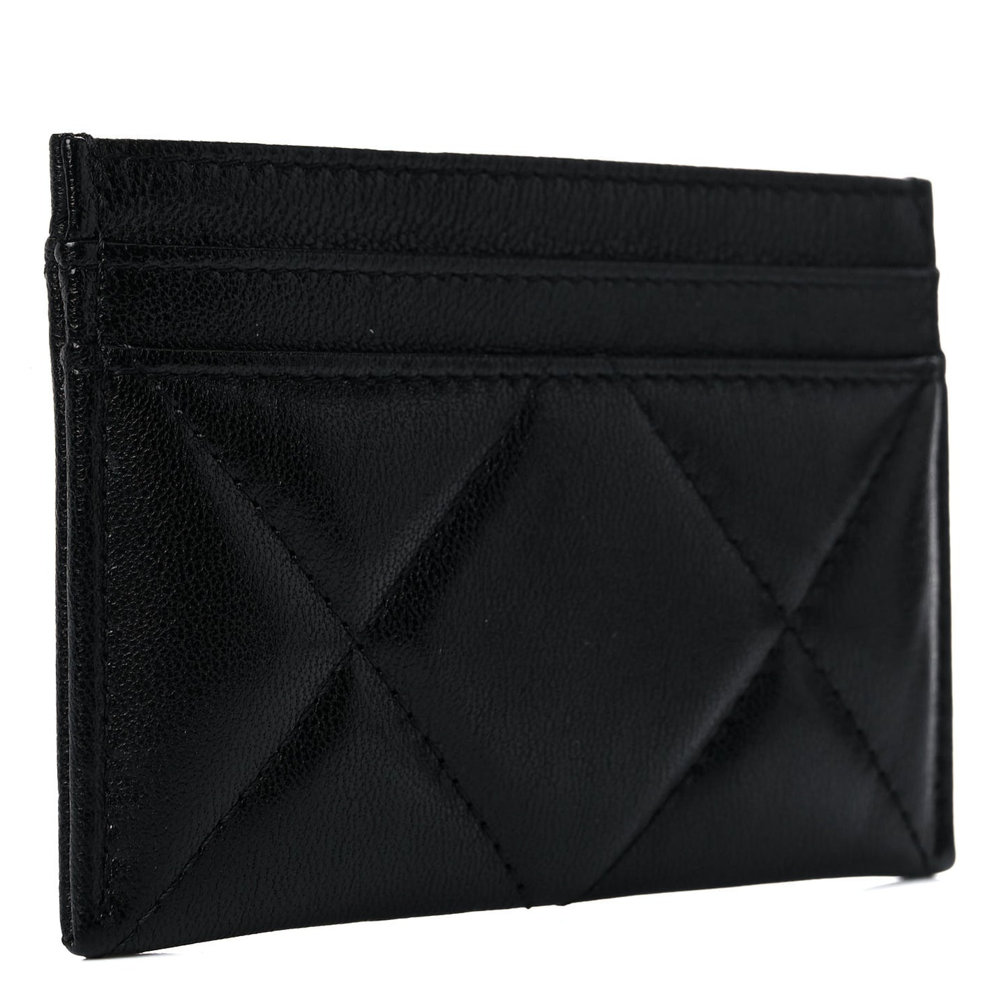 Shiny Goatskin Quilted Chanel 19 Card Holder Black