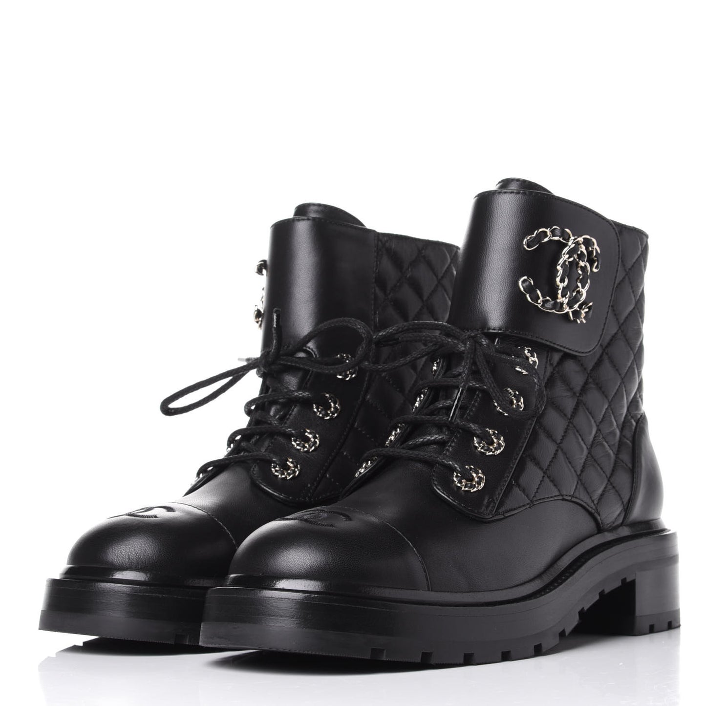 Shiny Lambskin Quilted Lace Up Combat Boots 39 Black