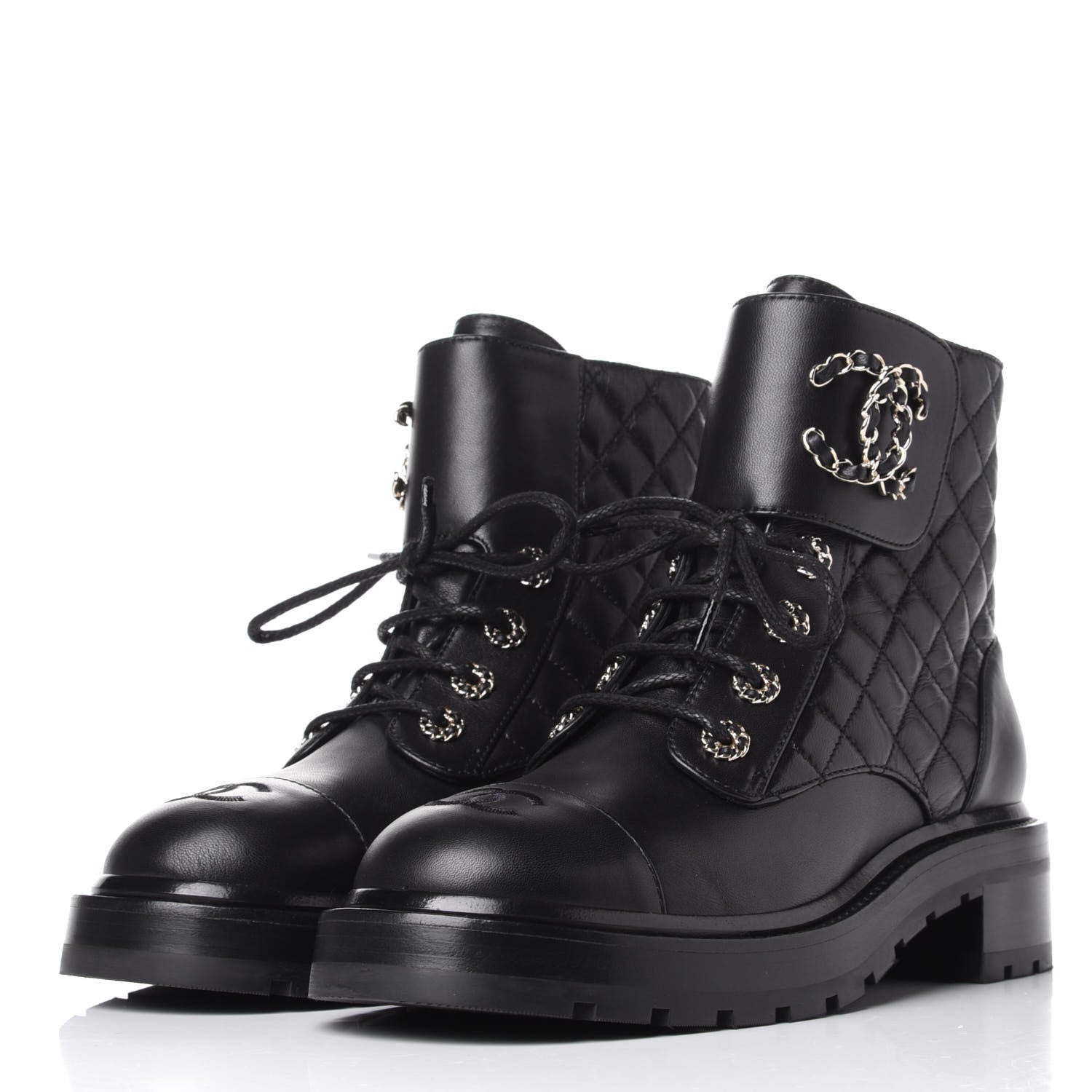 Chanel Shiny Lambskin Quilted Lace Up Combat Boots 39 Black 3 of 11