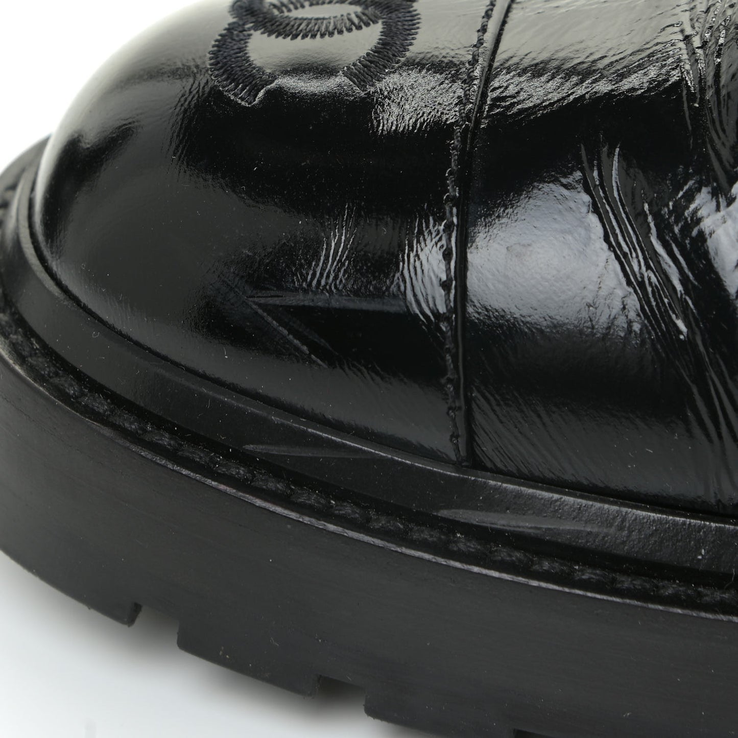Shiny Calfskin Quilted Lace Up Combat Boots 38.5 Black
