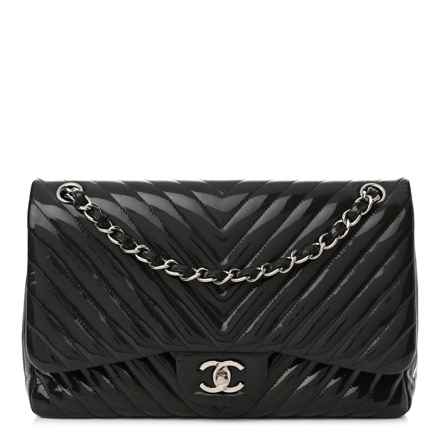 Patent Chevron Quilted Jumbo Double Flap Navy