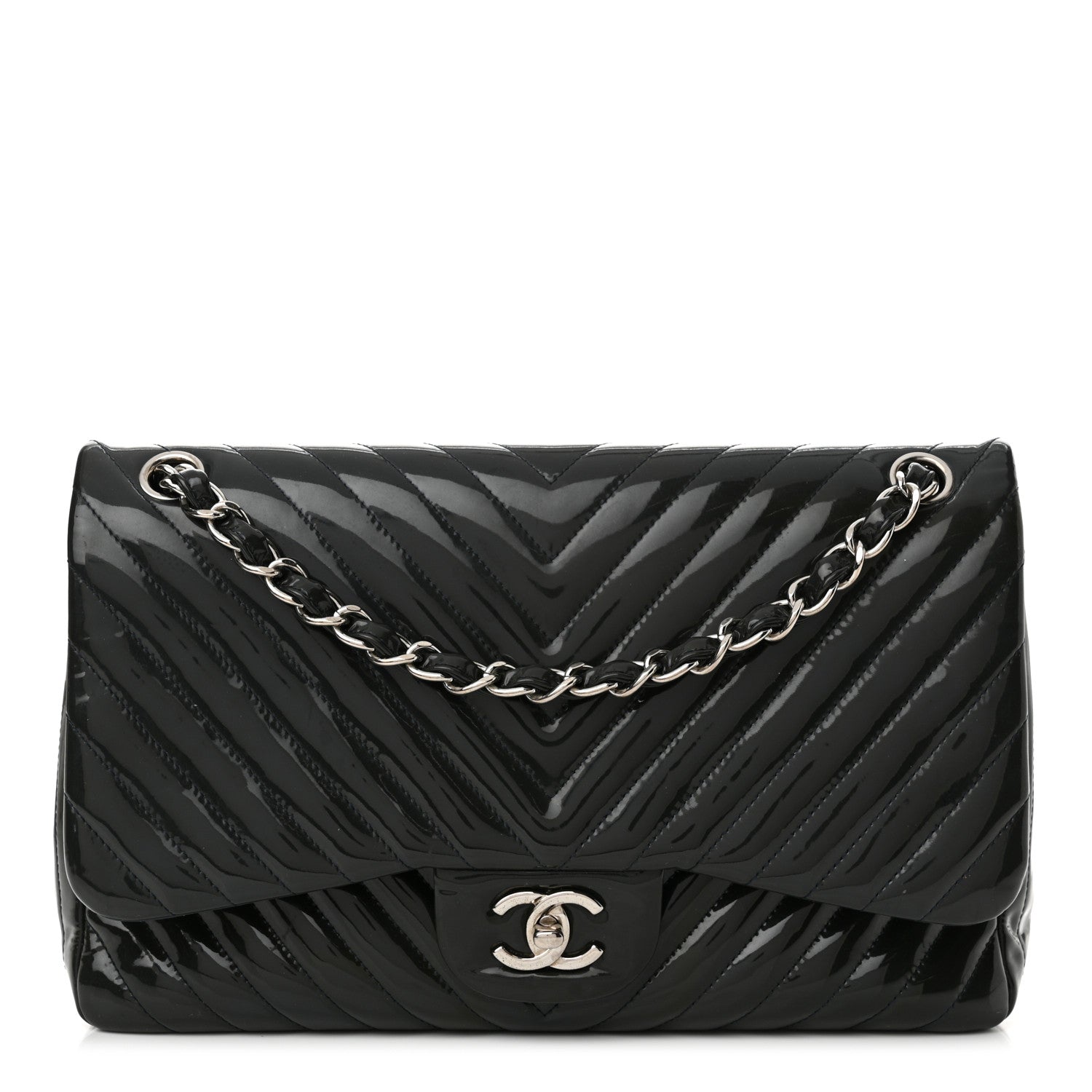 Chanel Patent Chevron Quilted Jumbo Double Flap Navy 1 of 18