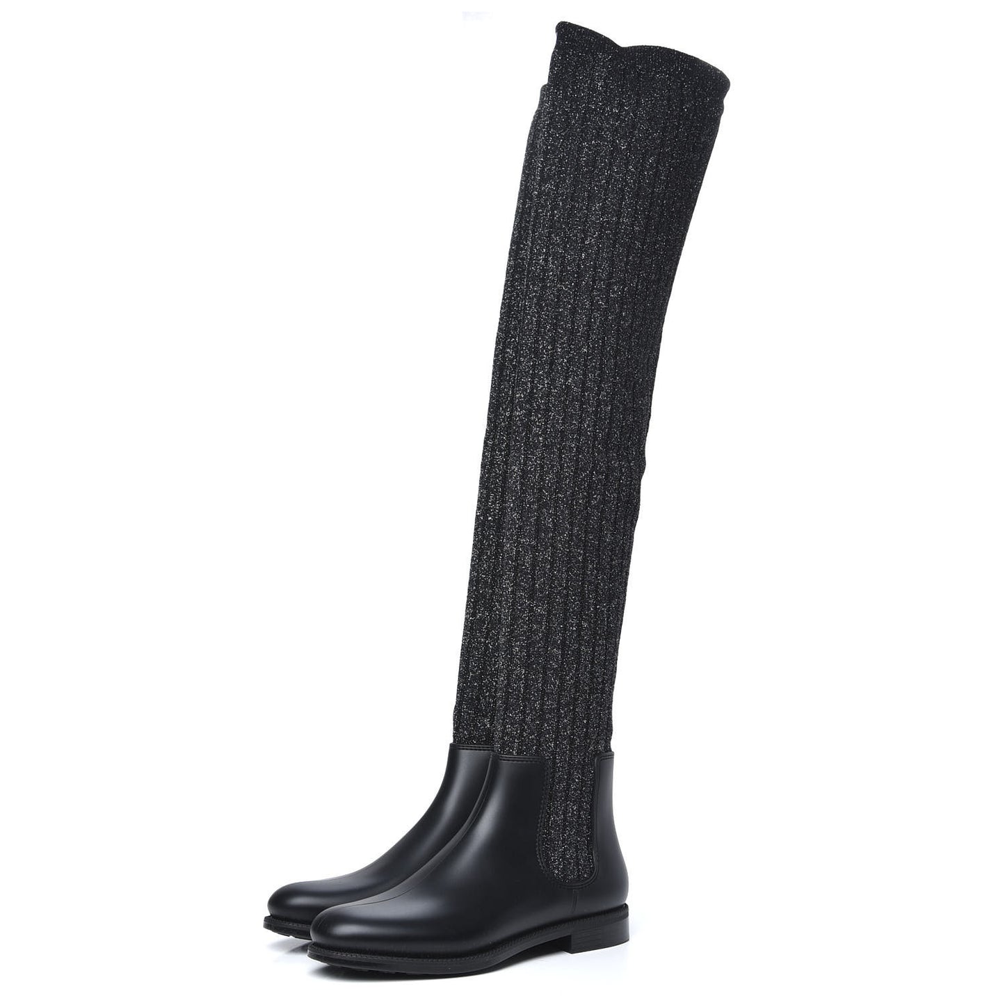 Knit Rubber Storm Over The Knee Boots 40 Black Grey