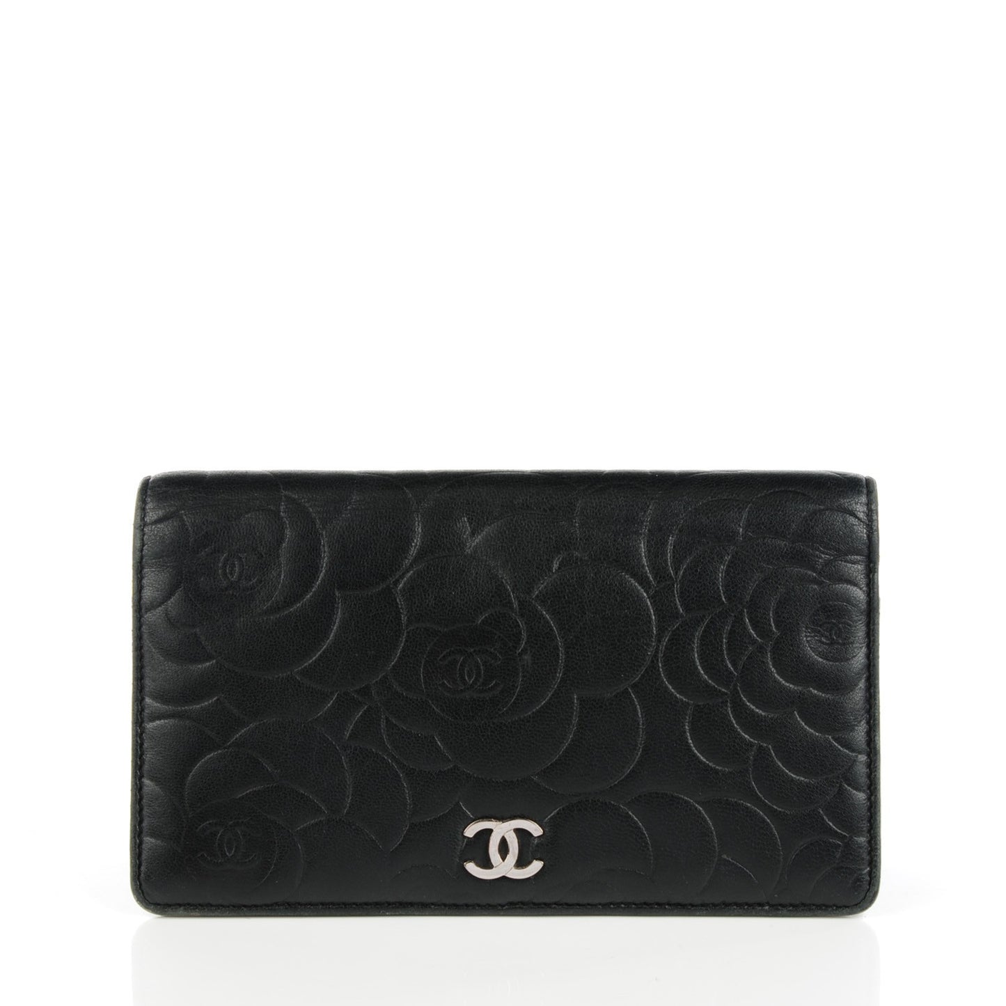 Lambskin Camellia Embossed Yen Wallet Black
