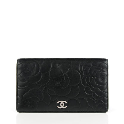 Chanel Lambskin Camellia Embossed Yen Wallet Black 1 of 8