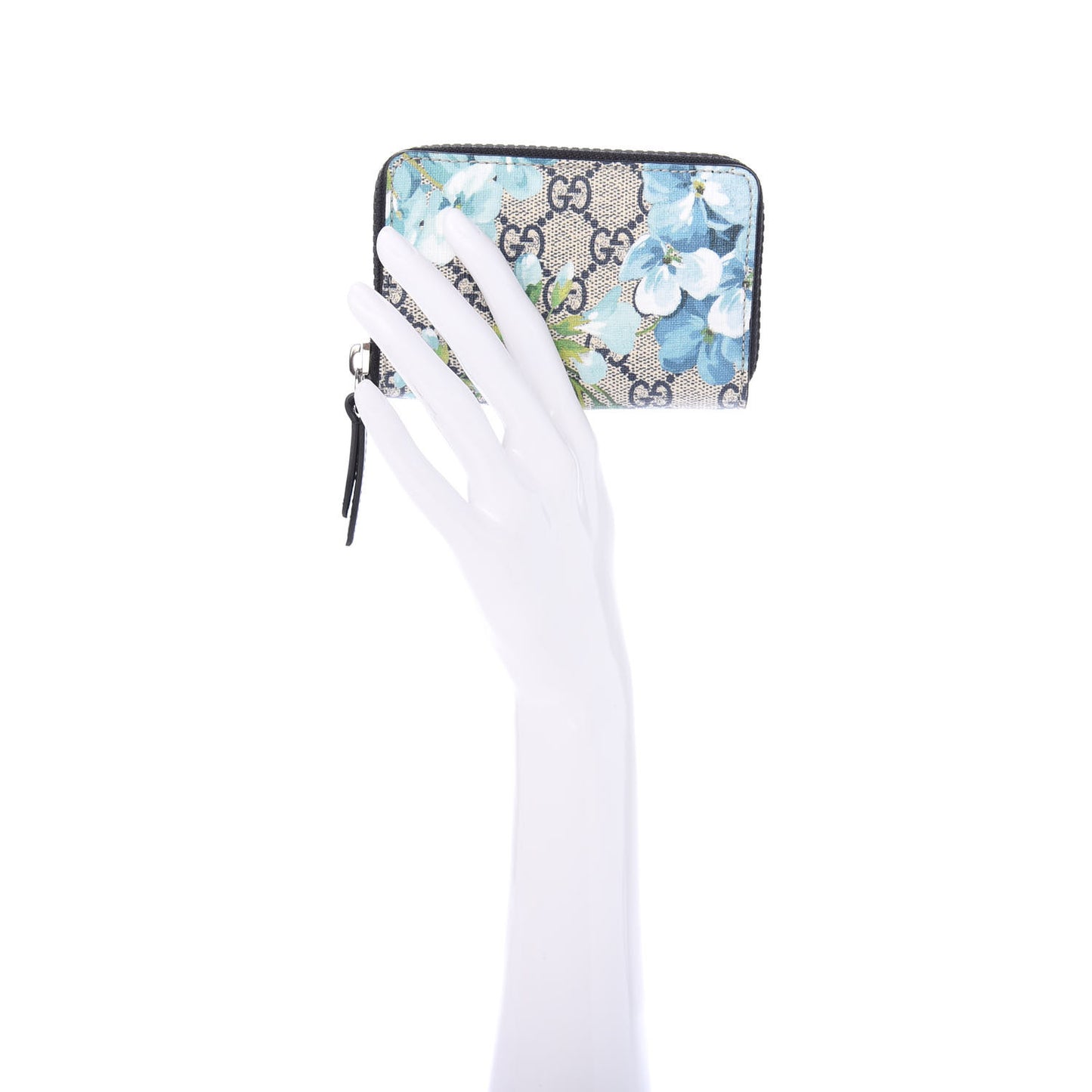 GG Supreme Monogram Blooms Zip Around Card Case Wallet Beige Blue Navy