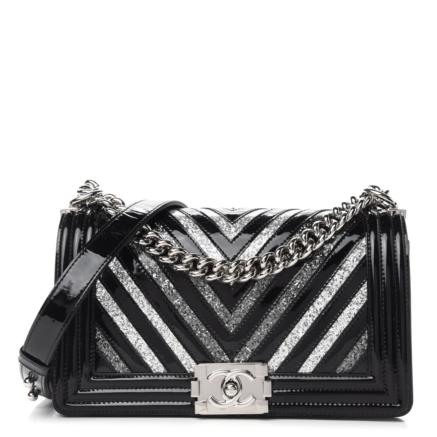 Chanel Patent Glitter PVC Chevron Quilted Medium Boy Flap Black Silver 1 of 12
