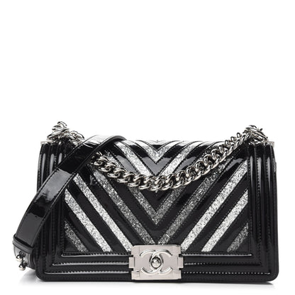 Chanel Patent Glitter PVC Chevron Quilted Medium Boy Flap Black Silver 1 of 12