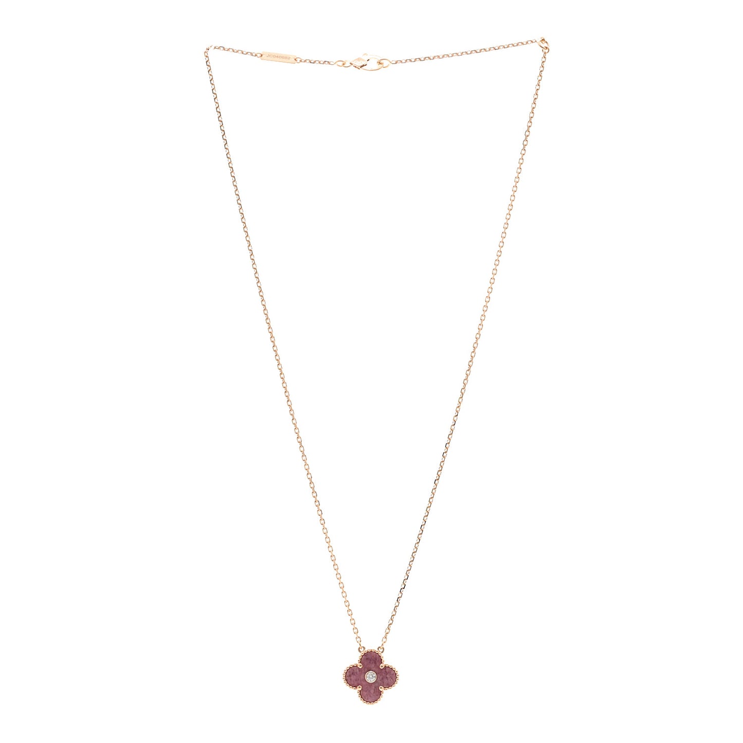 18K Rose Gold Diamond Rhodonite Vintage Alhambra Pendant Necklace