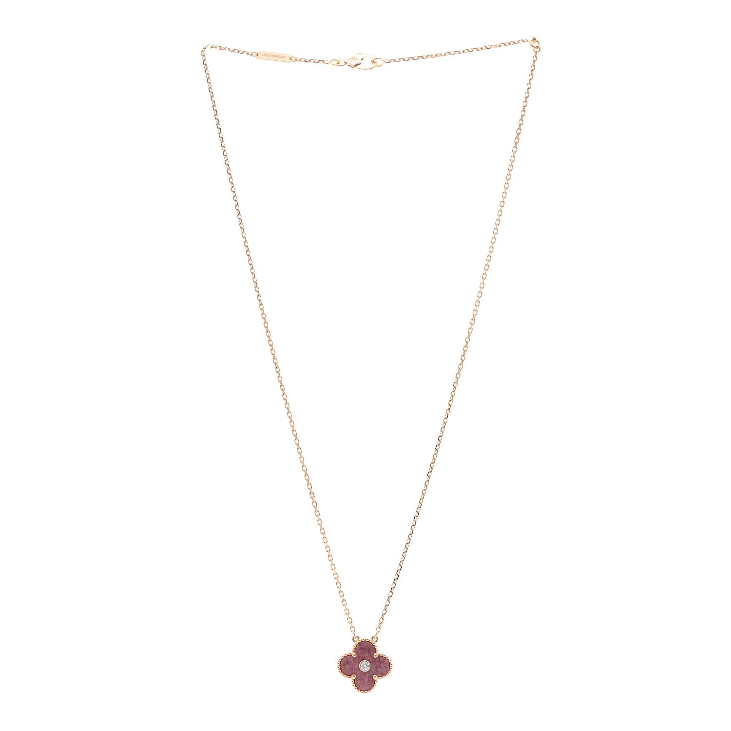 Van Cleef & Arpels 18K Rose Gold Diamond Rhodonite Vintage Alhambra Pendant Necklace 3 of 6