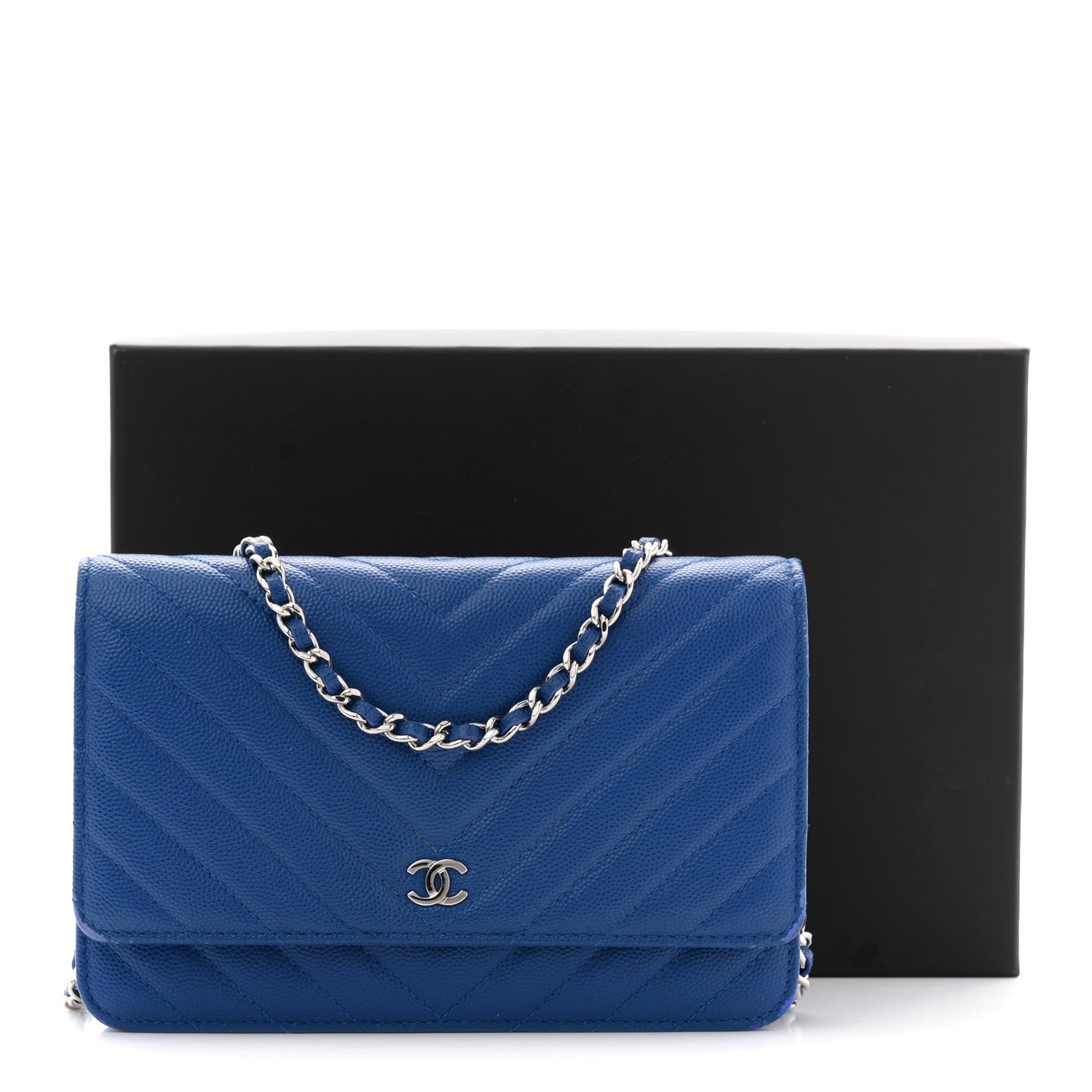 Chanel Caviar Chevron Quilted Wallet On Chain WOC Blue 13 of 13