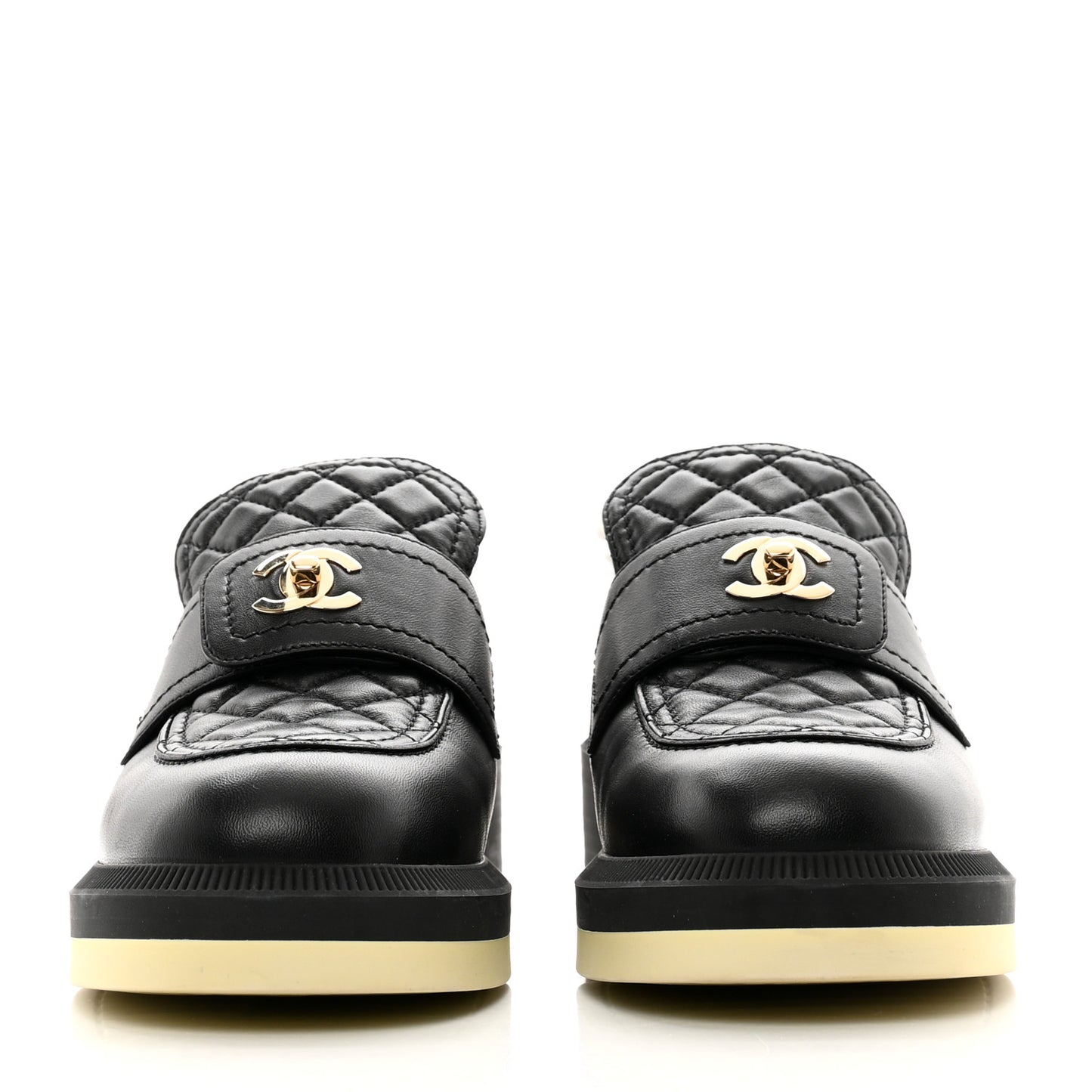 Lambskin Shearling Quilted CC Turnlock Loafers 38.5 Black