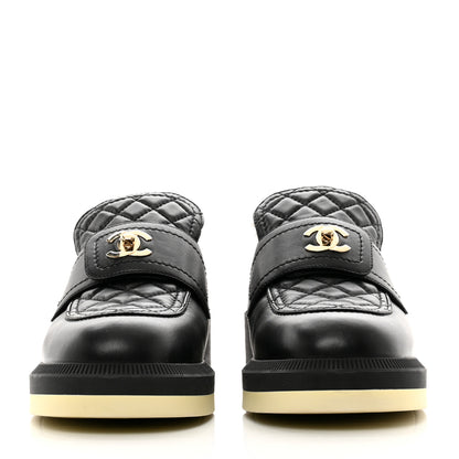 Chanel Lambskin Shearling Quilted CC Turnlock Loafers 38.5 Black 2 of 8