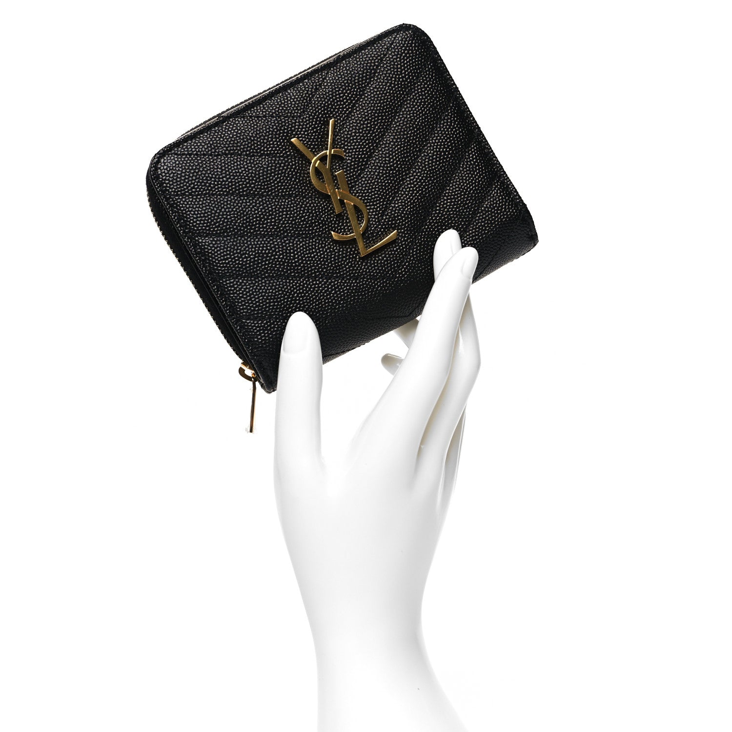 Saint Laurent Grain De Poudre Matelasse Chevron Monogram Compact Zip Around Wallet Black 2 of 8