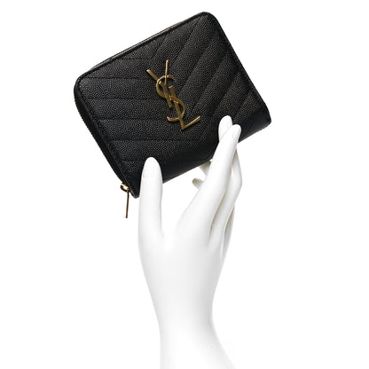 Saint Laurent Grain De Poudre Matelasse Chevron Monogram Compact Zip Around Wallet Black 2 of 8
