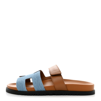 Hermes Denim Calfskin Womens Chypre Sandals 41 Bleu Clair Naturel 1 of 8