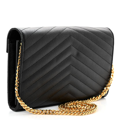 Saint Laurent Grain De Poudre Matelasse Chevron Monogram Chain Wallet Black 3 of 10