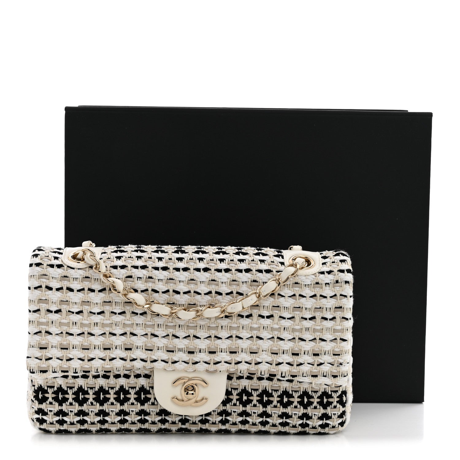 Chanel Cotton Raffia Lambskin Woven Medium Single Flap Beige Beige Black 10 of 10