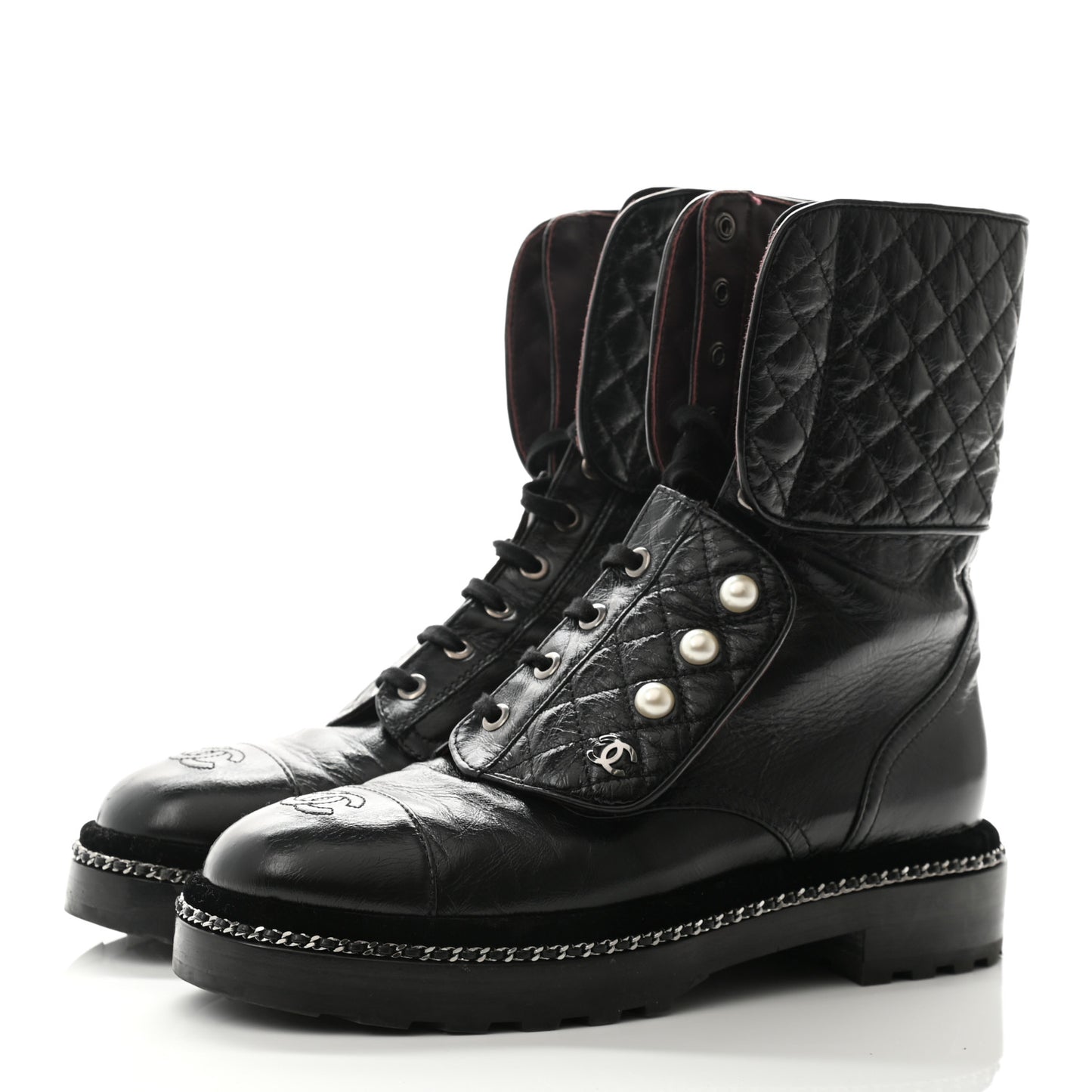 Crackled Calfskin Velvet Pearl Combat Boots 38.5 Black