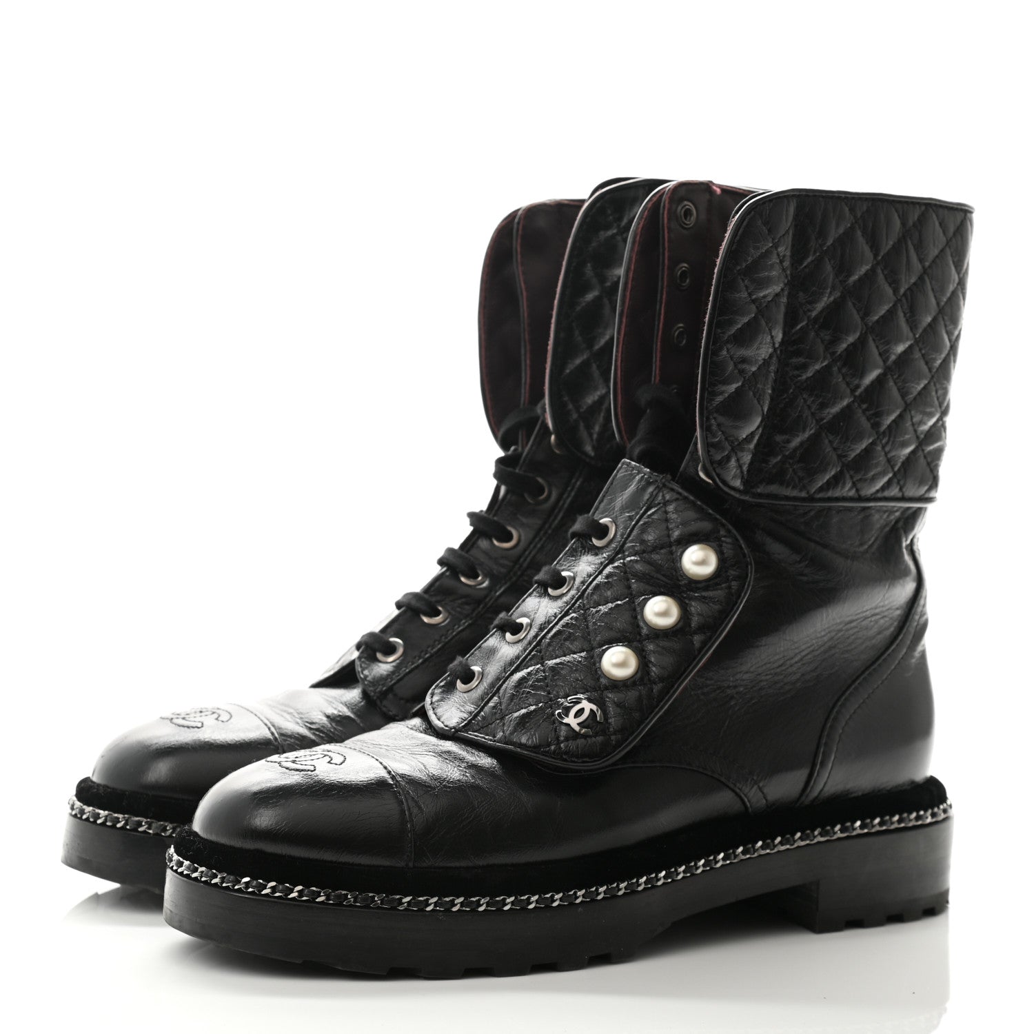 Chanel Crackled Calfskin Velvet Pearl Combat Boots 38.5 Black 3 of 10