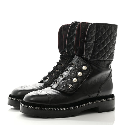 Chanel Crackled Calfskin Velvet Pearl Combat Boots 38.5 Black 3 of 10