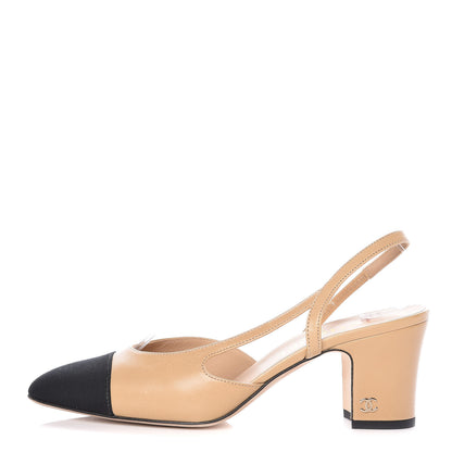 Chanel Goatskin Grosgrain Cap Toe CC Slingback Pumps 37.5 Beige Black 1 of 11