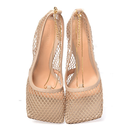Bottega Veneta Mesh Calfskin Chain Stretch Pumps 38.5 Beige 5 of 10