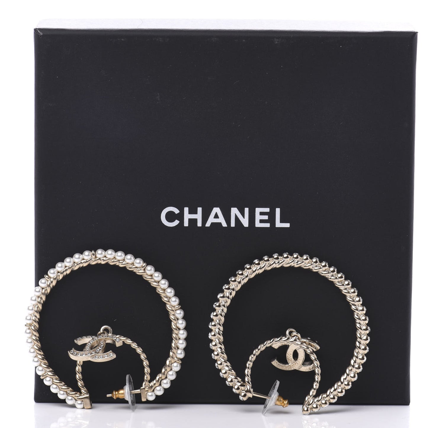 Crystal Pearl CC Drop Hoop Earrings Gold Pearly White