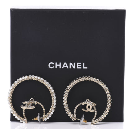 Chanel Crystal Pearl CC Drop Hoop Earrings Gold Pearly White 7 of 7