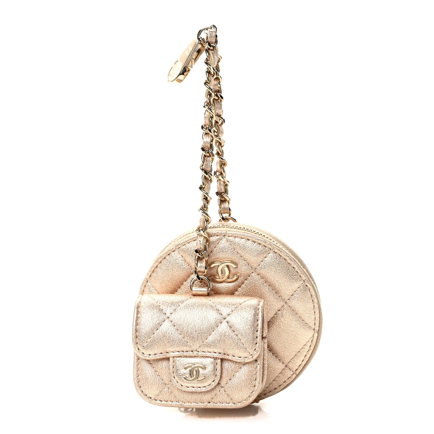 Metallic Lambskin Quilted Round Clip On Coin Purse Airpods Case Gold