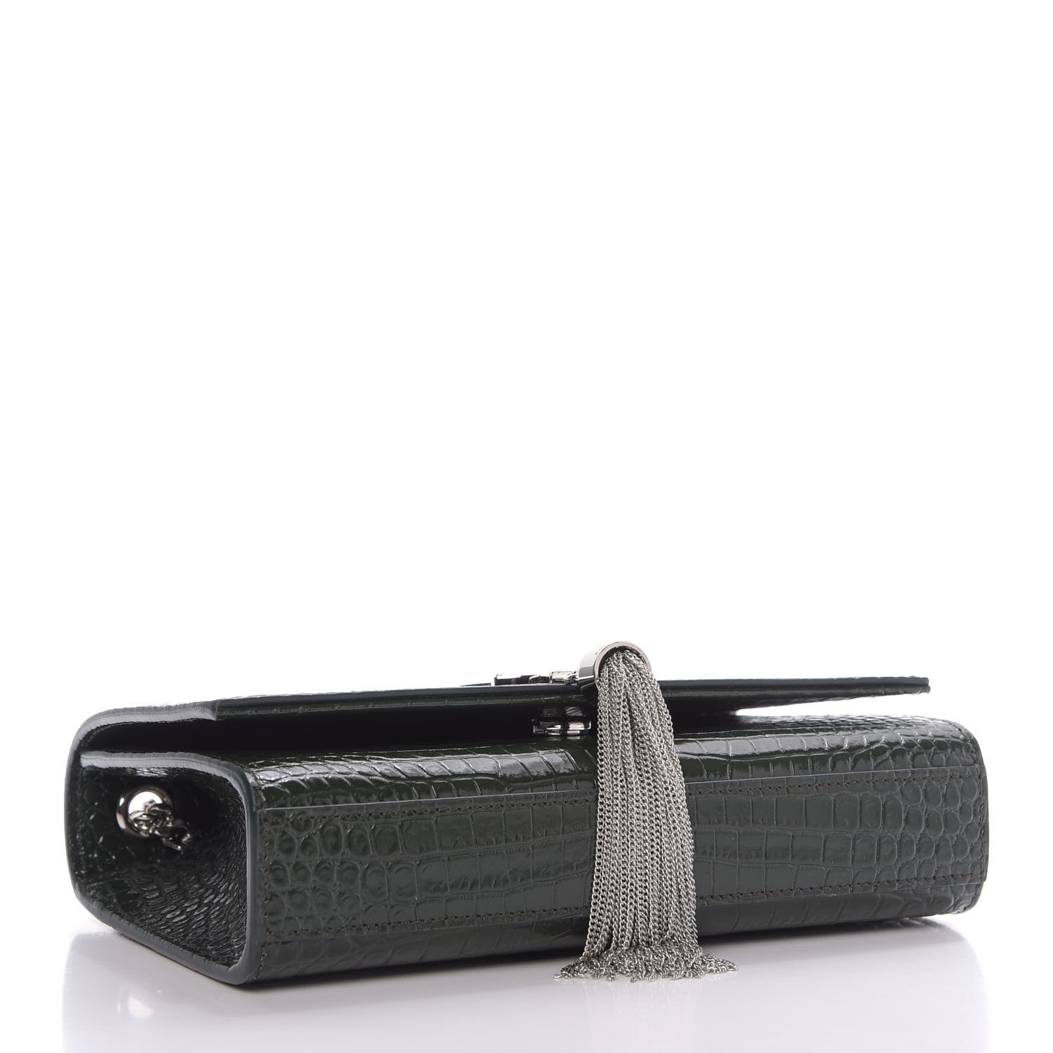 Saint Laurent Calfskin Crocodile Embossed Small Classic Monogram Kate Tassel Satchel Dark Green 4 of 8