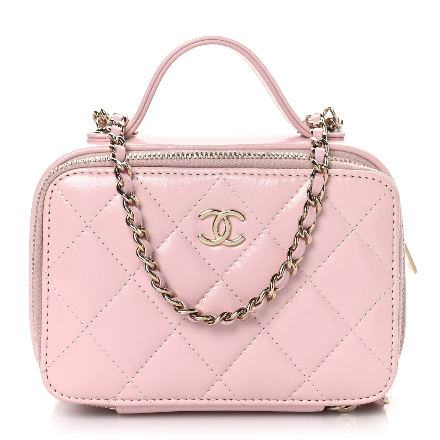 Glazed Calfskin Quilted Small Top Handle Vanity Case Light Pink