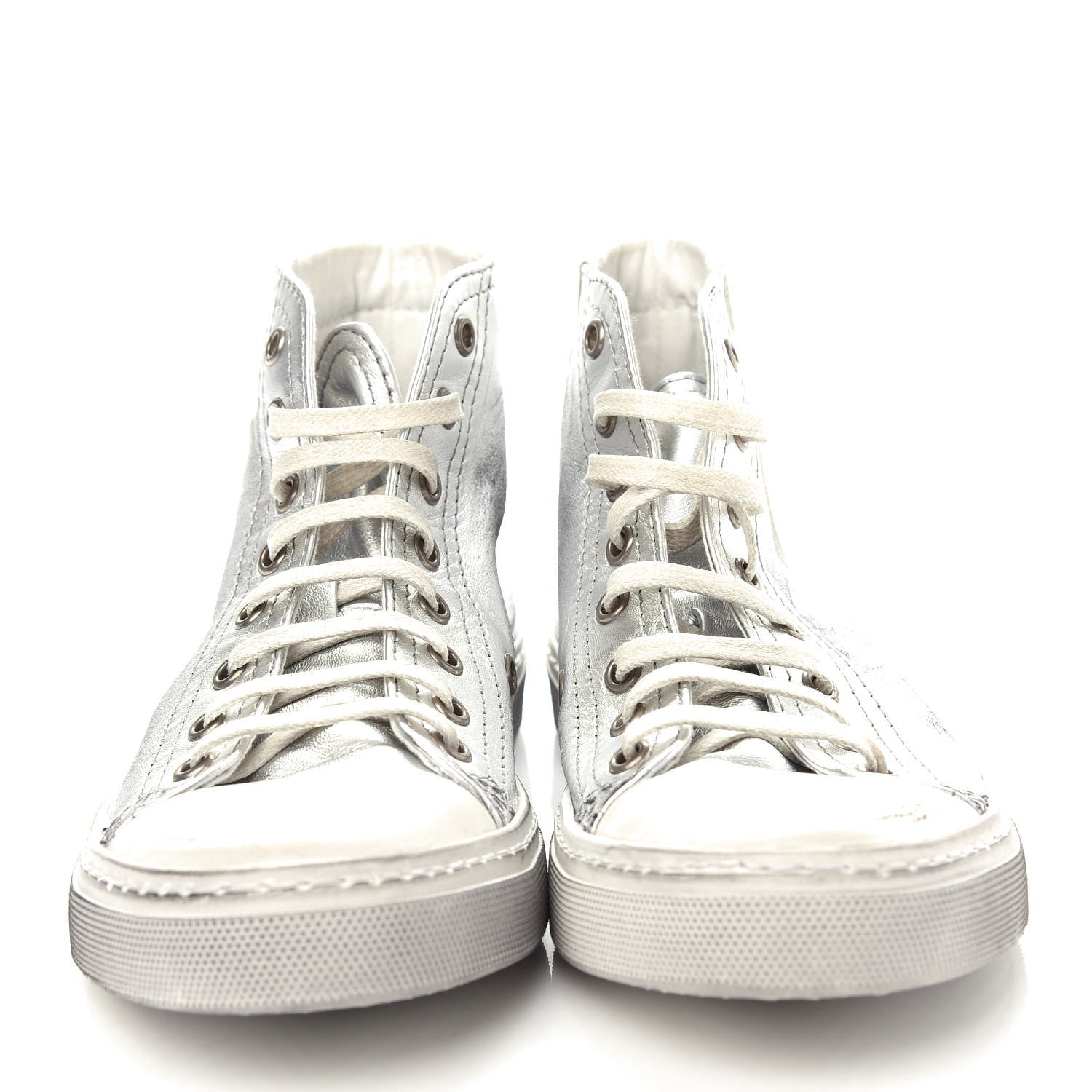 Saint Laurent Distressed Calfskin Bedford Logo-Appliqued Hightop Sneakers 36 Argento Cream White 5 of 11