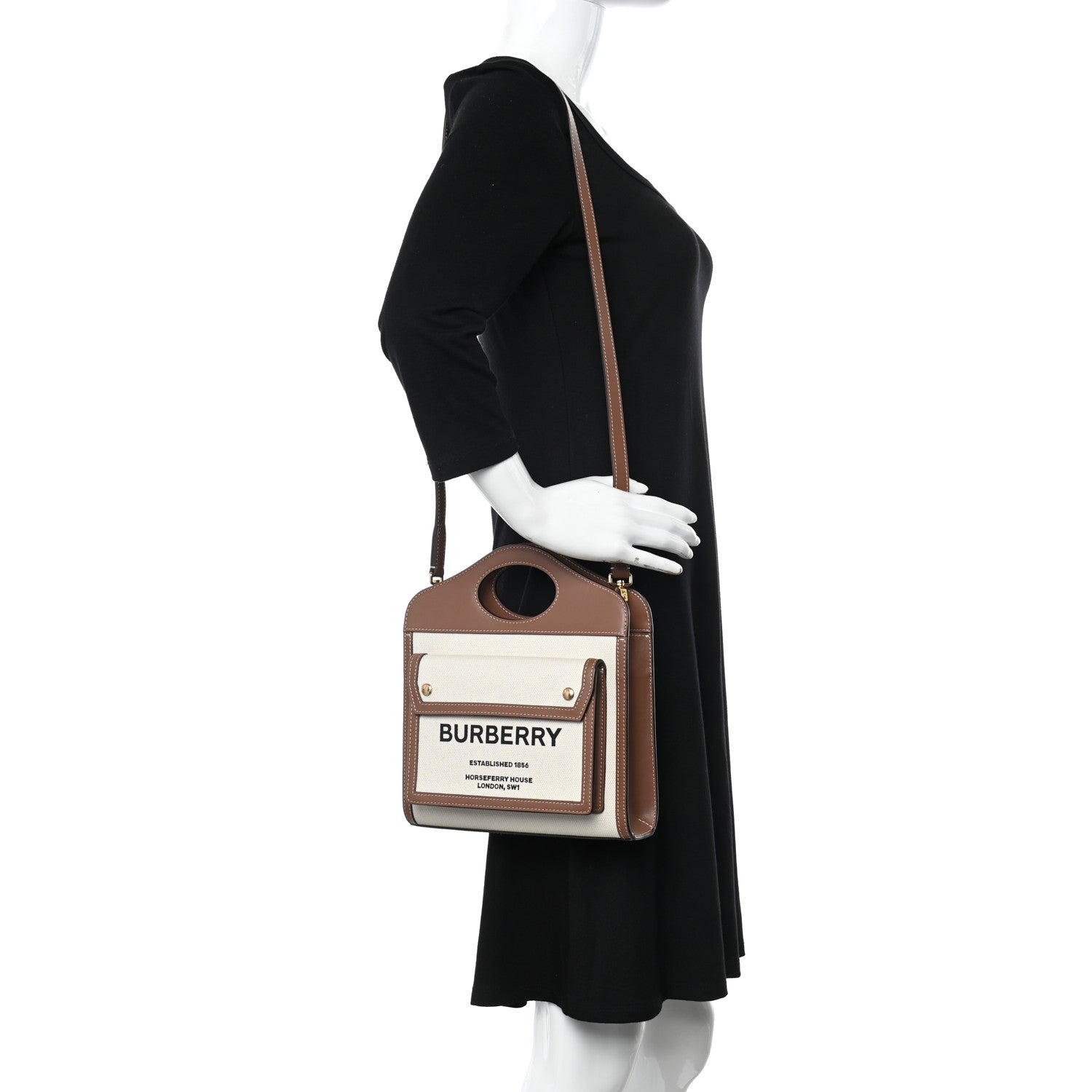 Burberry Canvas Smooth Calfskin Two Tone Mini Pocket Bag Natural Malt Brown 2 of 12