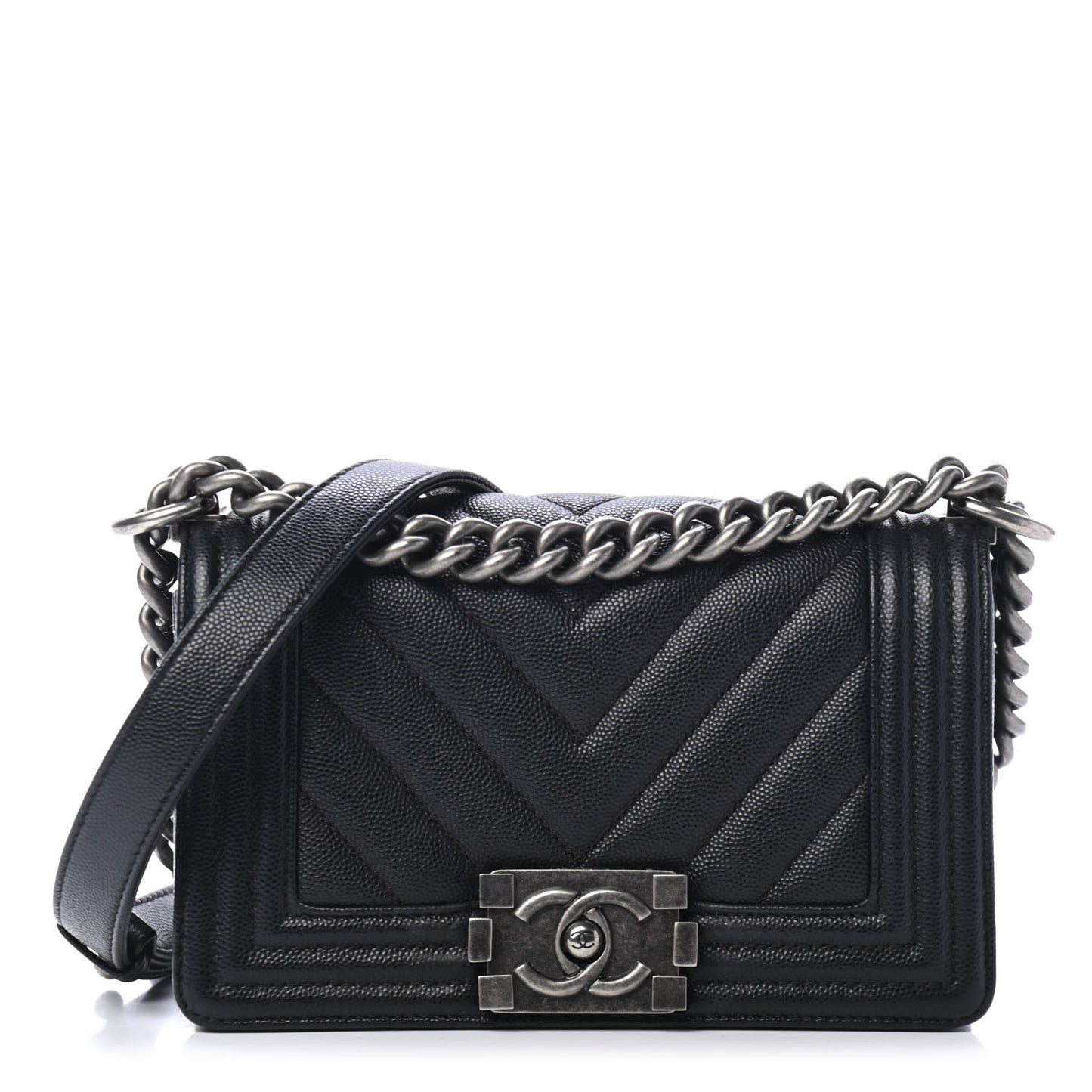 Caviar Chevron Quilted Small Boy Flap Black