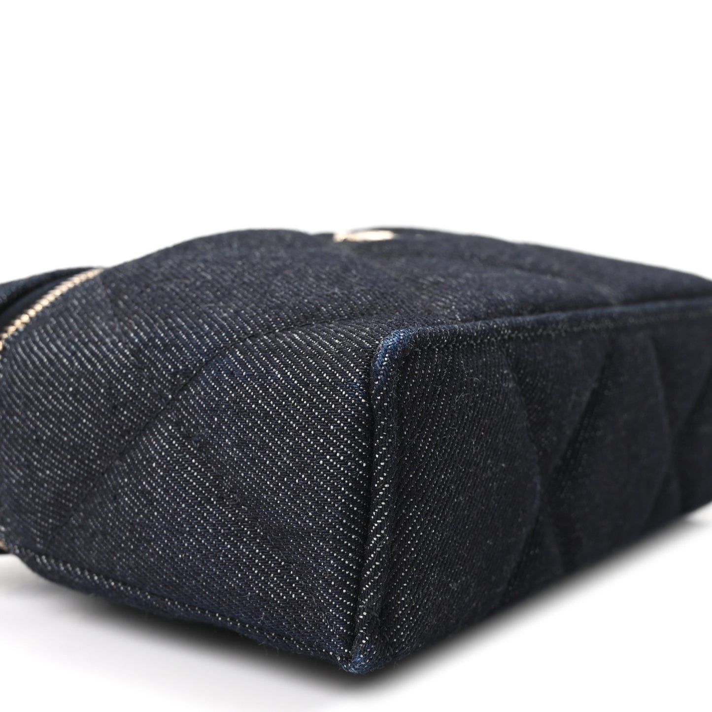 Denim Quilted Top Handle Slim Vanity Case With Chain Dark Blue