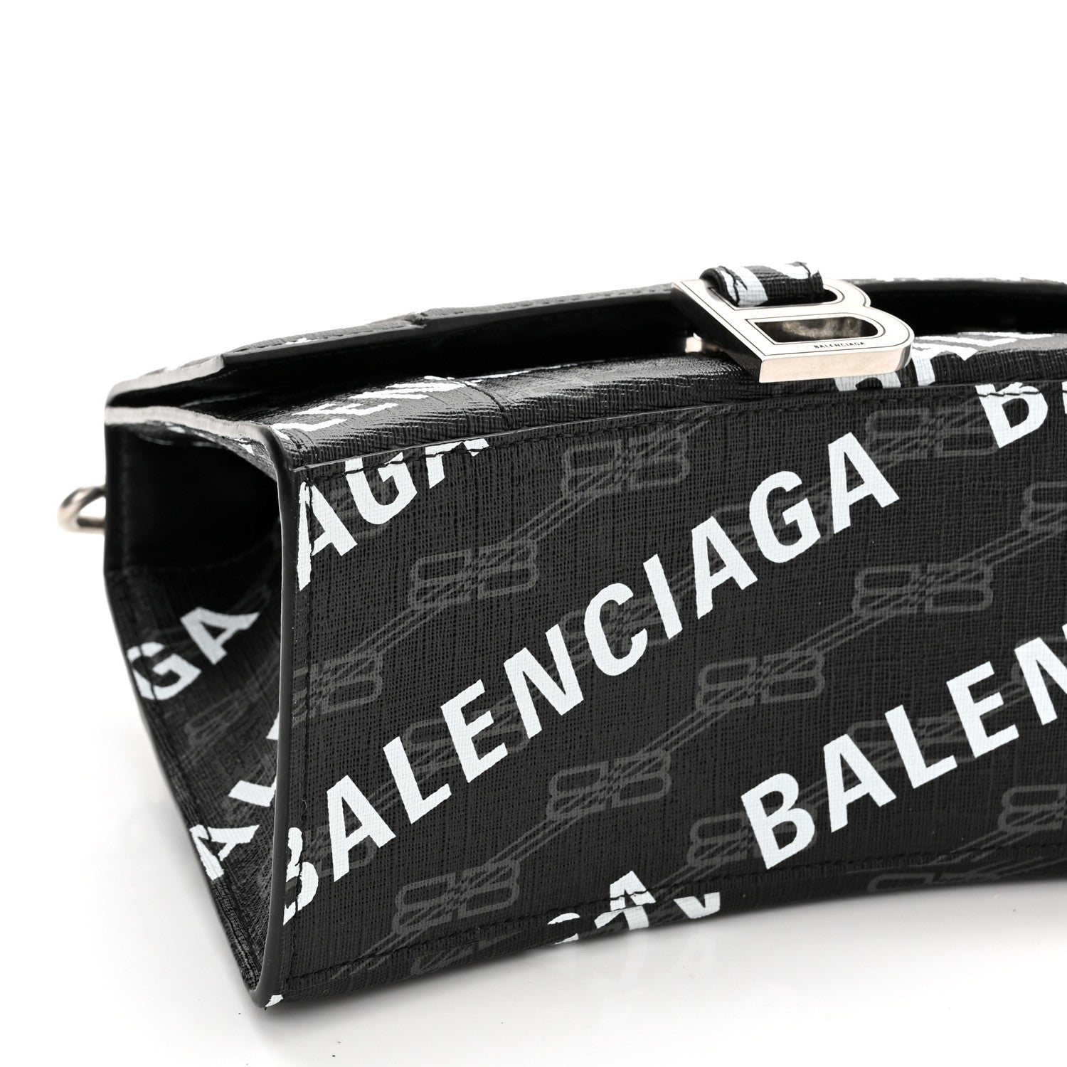 Balenciaga Coated Canvas BB Monogram Allover Logo Small Hourglass Top Handle Bag Black Grey White 8 of 9