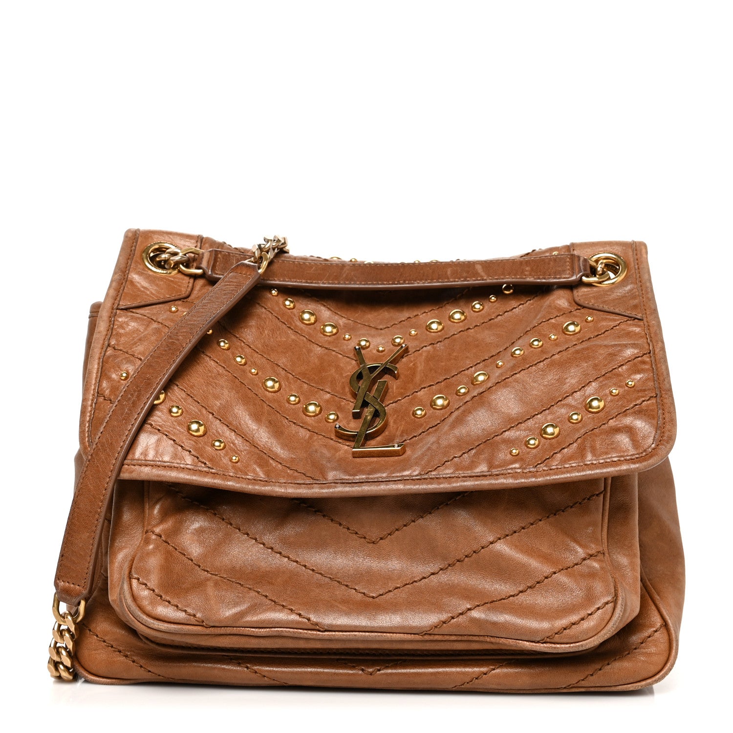 Saint Laurent Crinkled Calfskin Matelasse Monogram Medium Niki Chain Satchel Brown 1 of 14