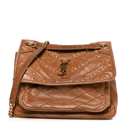 Saint Laurent Crinkled Calfskin Matelasse Monogram Medium Niki Chain Satchel Brown 1 of 14